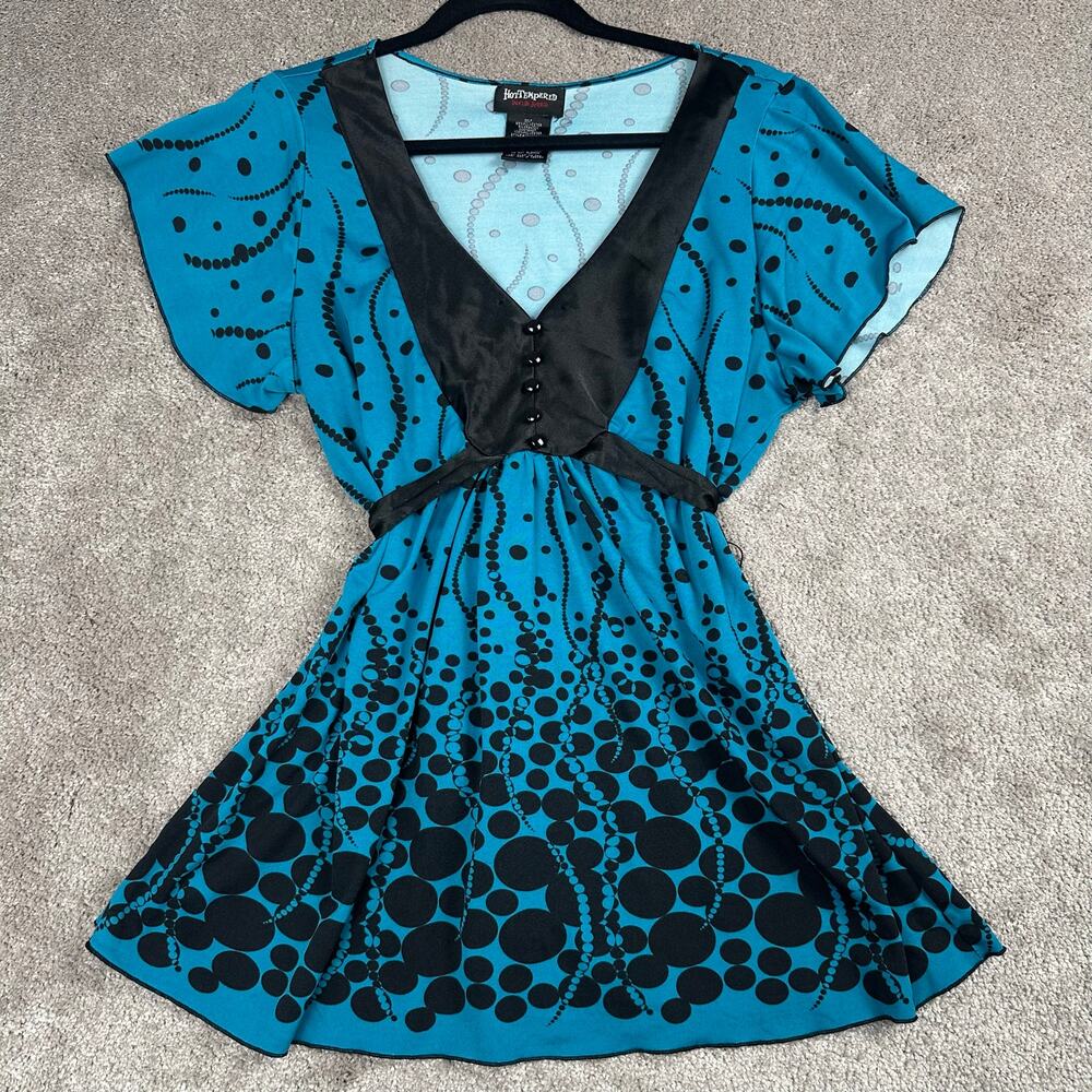 Hot Tempered Babydoll Tunic Top Size 1X Teal Black Print Satin Trim V Neck Y2K